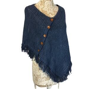 Carolina•Arce•Seifert knit shawl with fringe blue retro OS